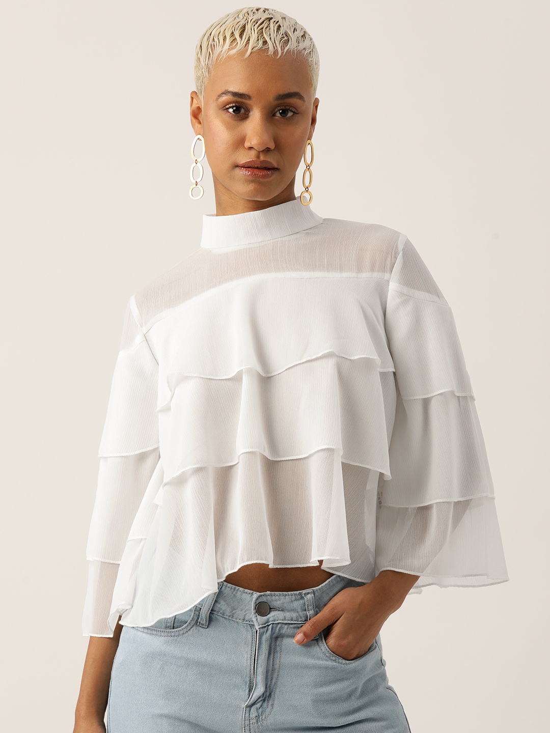 

LABEL REGALIA Flared Sleeves High Neck Layered Chiffon Top, White