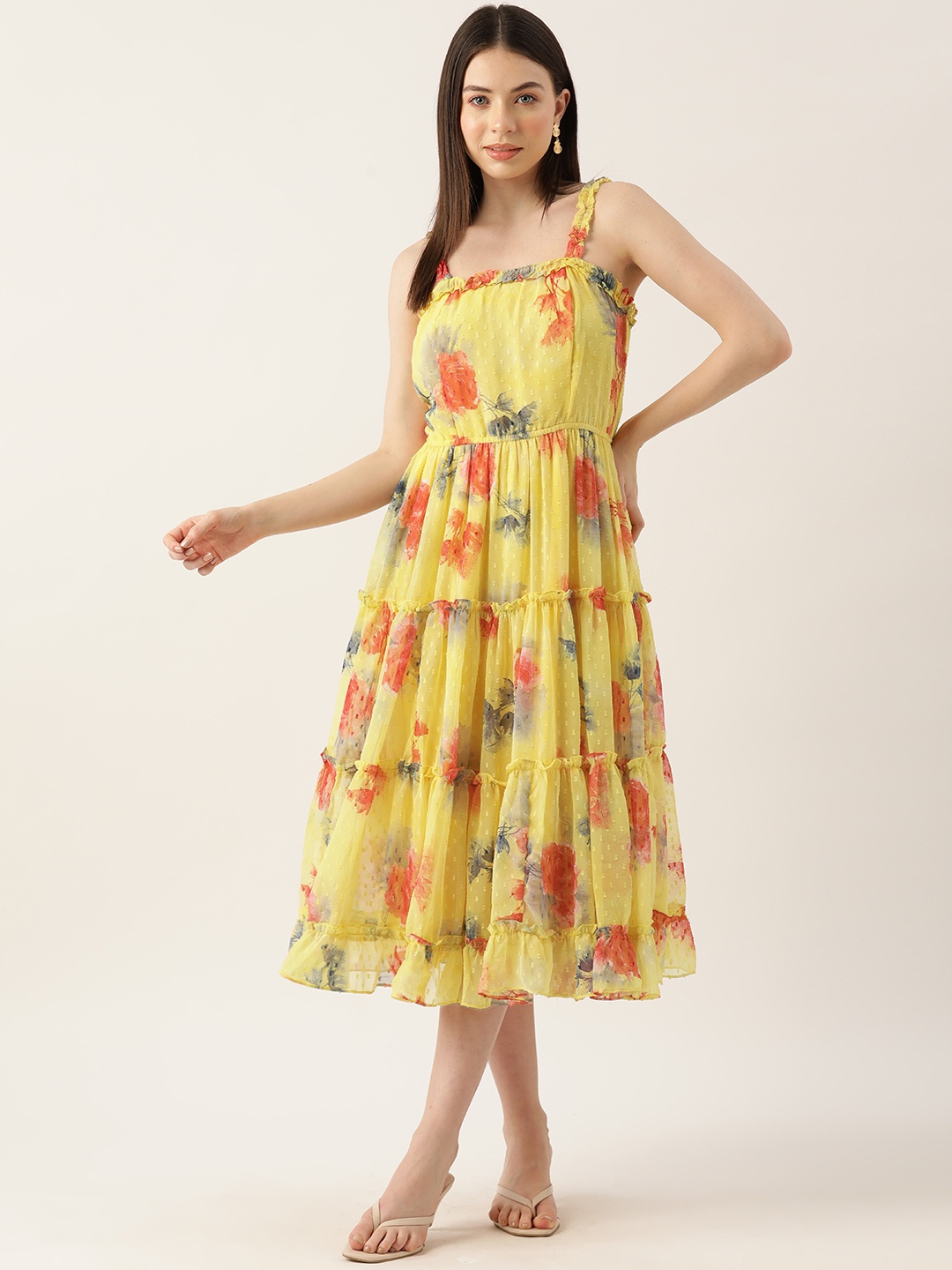 

LABEL REGALIA Floral Print Georgette Fit & Flare Midi Dress, Yellow