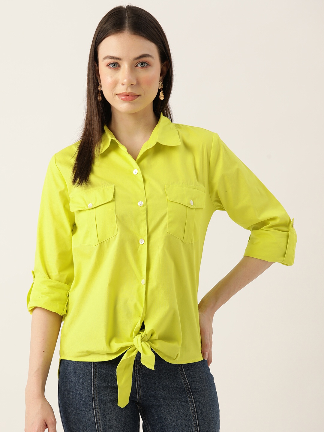 

LABEL REGALIA Modern Casual Shirt with Tie-Ups Detail, Lime green