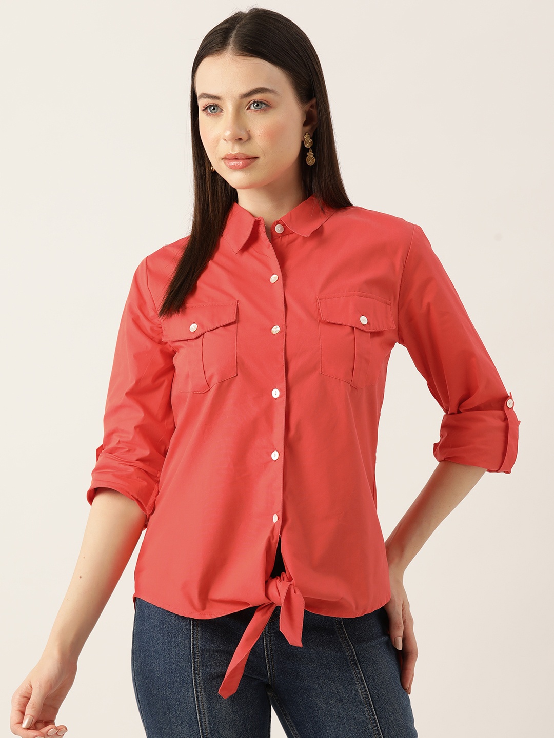 

LABEL REGALIA Modern Casual Shirt with Tie-Ups Detail, Red