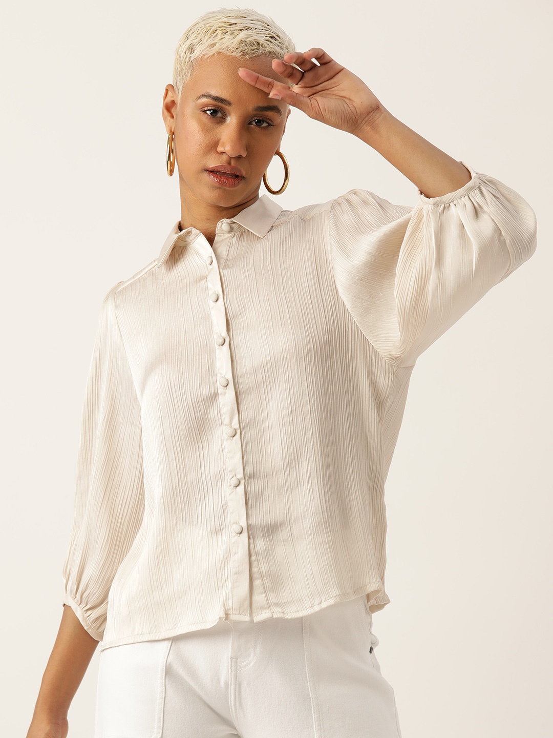 

LABEL REGALIA Modern Boxy Puff Sleeves Casual Shirt, Beige