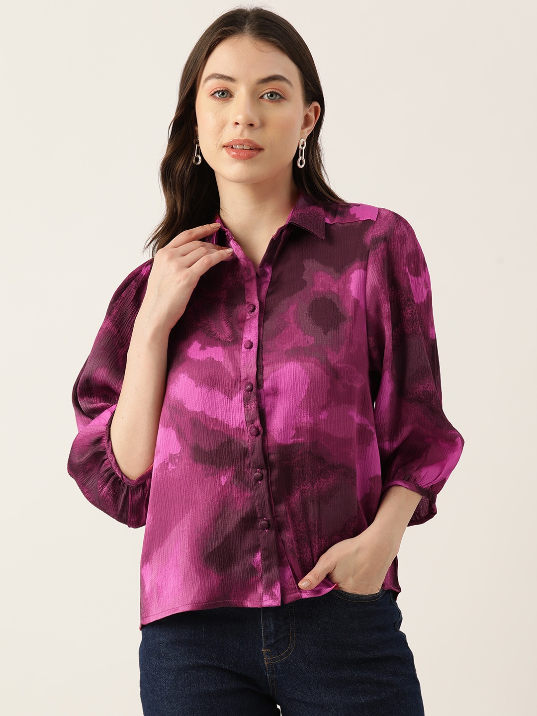 

LABEL REGALIA Tie & Dye Puff Sleeves Shirt Style Top, Burgundy