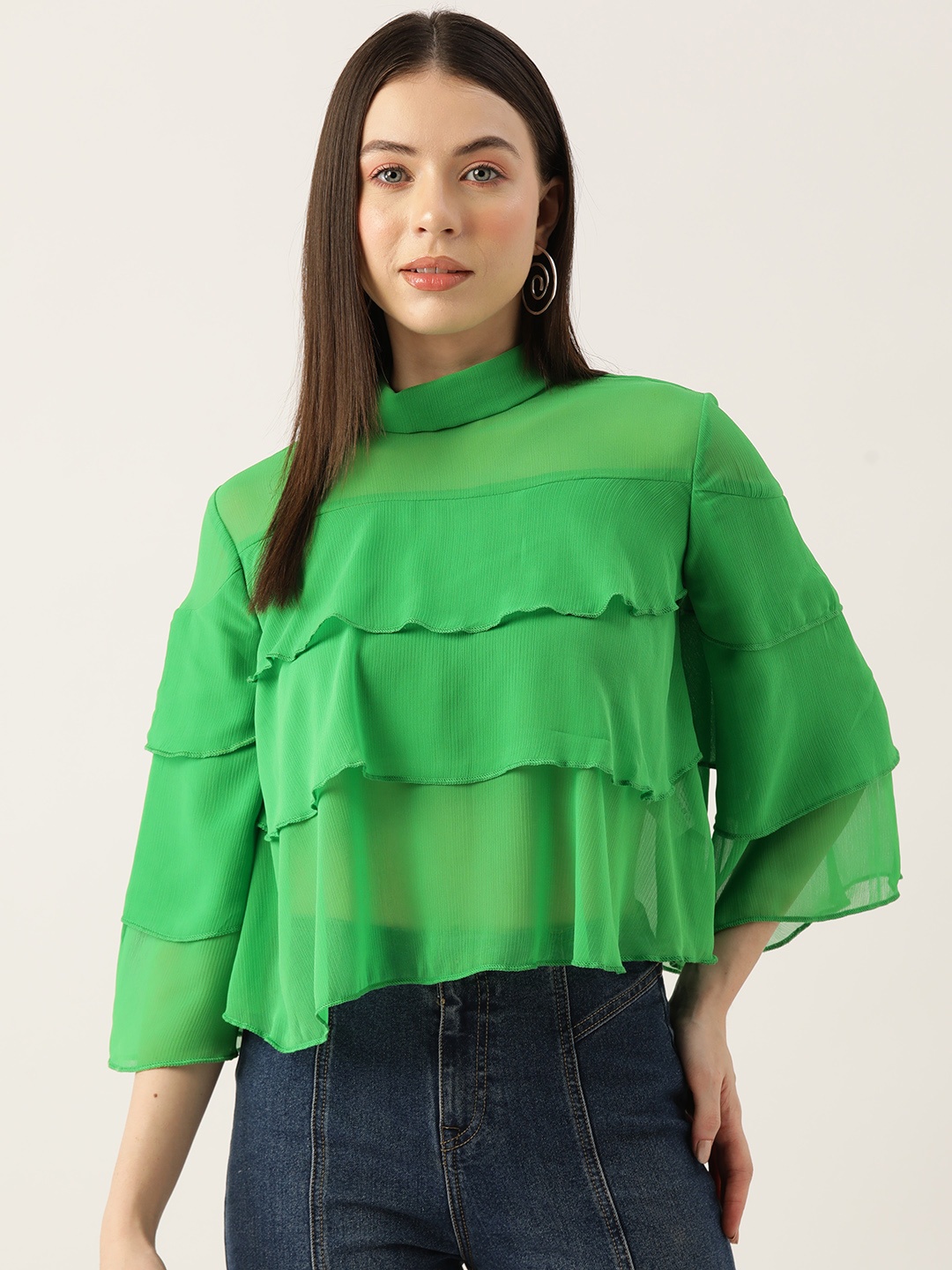 

LABEL REGALIA Flared Sleeves High Neck Layered Chiffon Top, Green