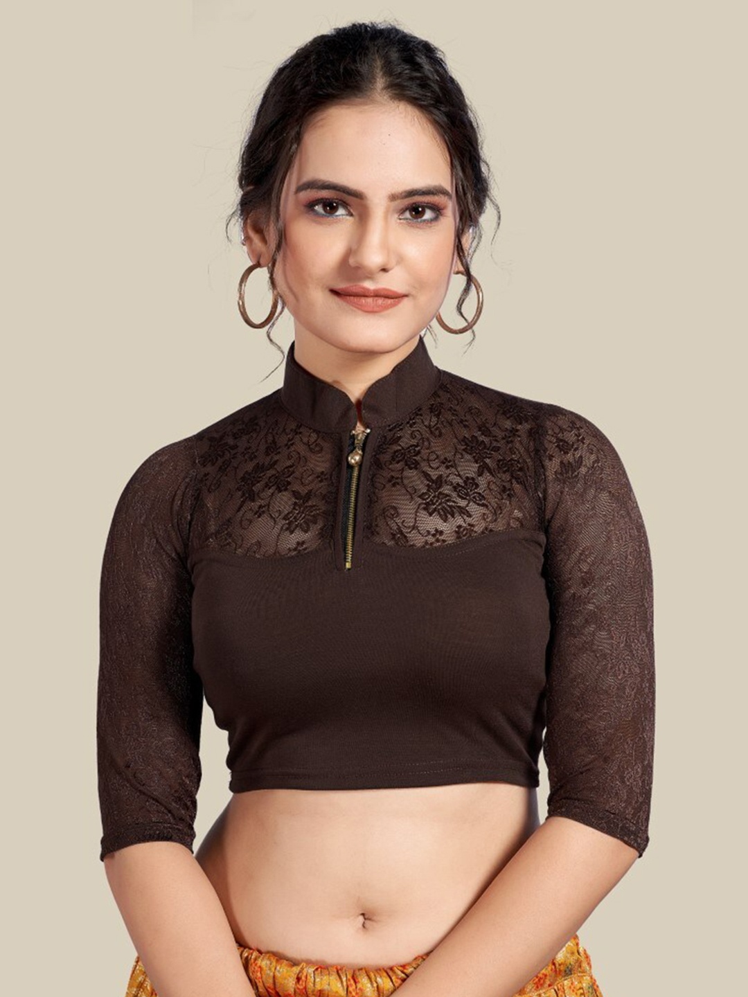 

HIMRISE Self Design Mandarin Collar Silk Saree Blouse, Coffee brown