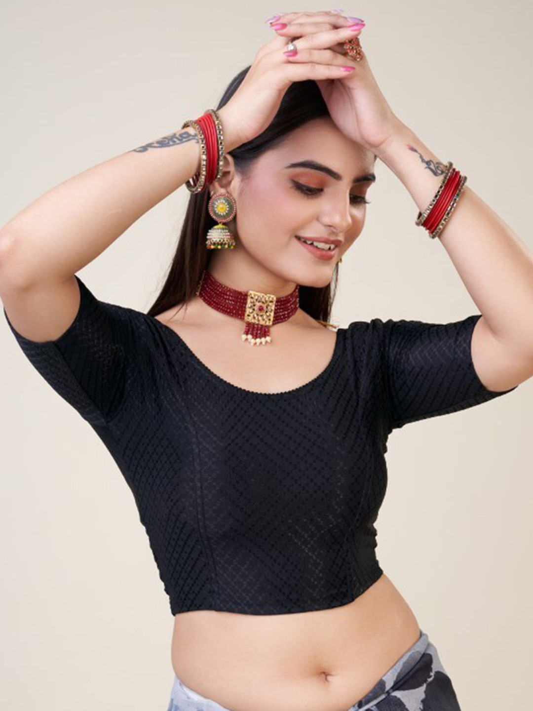 

HIMRISE Woven Design Silk Ready To Wear Saree Blouse, Black