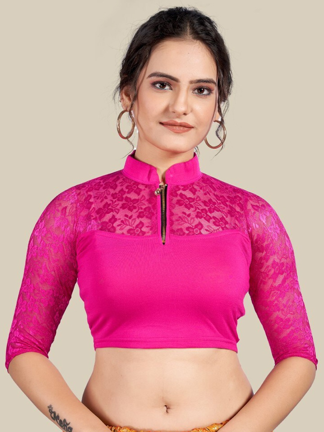 

HIMRISE Self Design Mandarin Collar Silk Saree Blouse, Pink