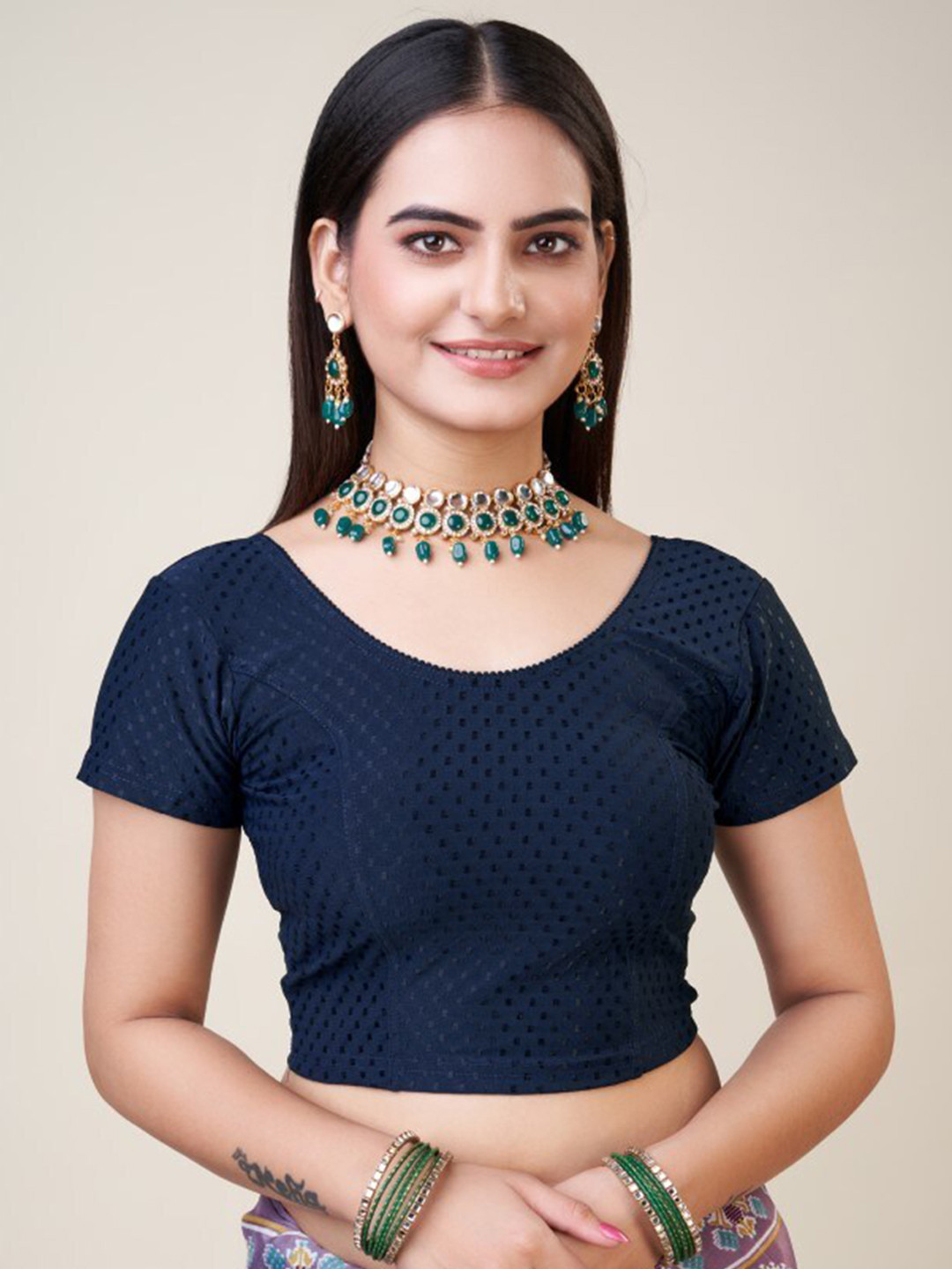 

HIMRISE Self Design Round Neck Silk Saree Blouse, Blue