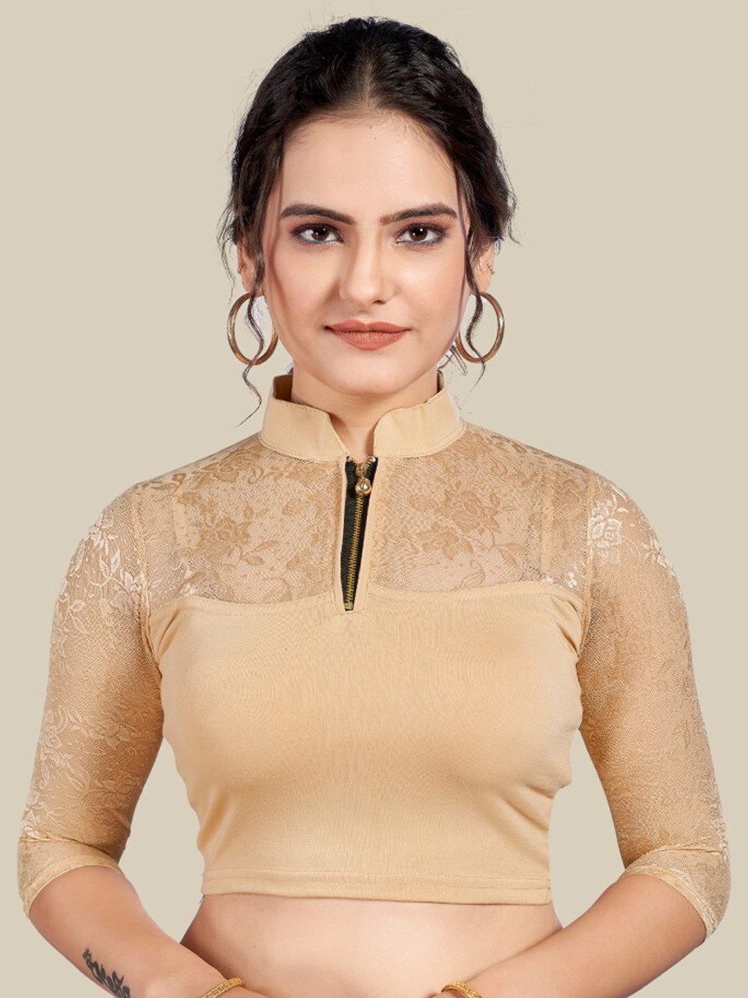 

HIMRISE Woven Design Mandarin Collar Saree Blouse, Beige