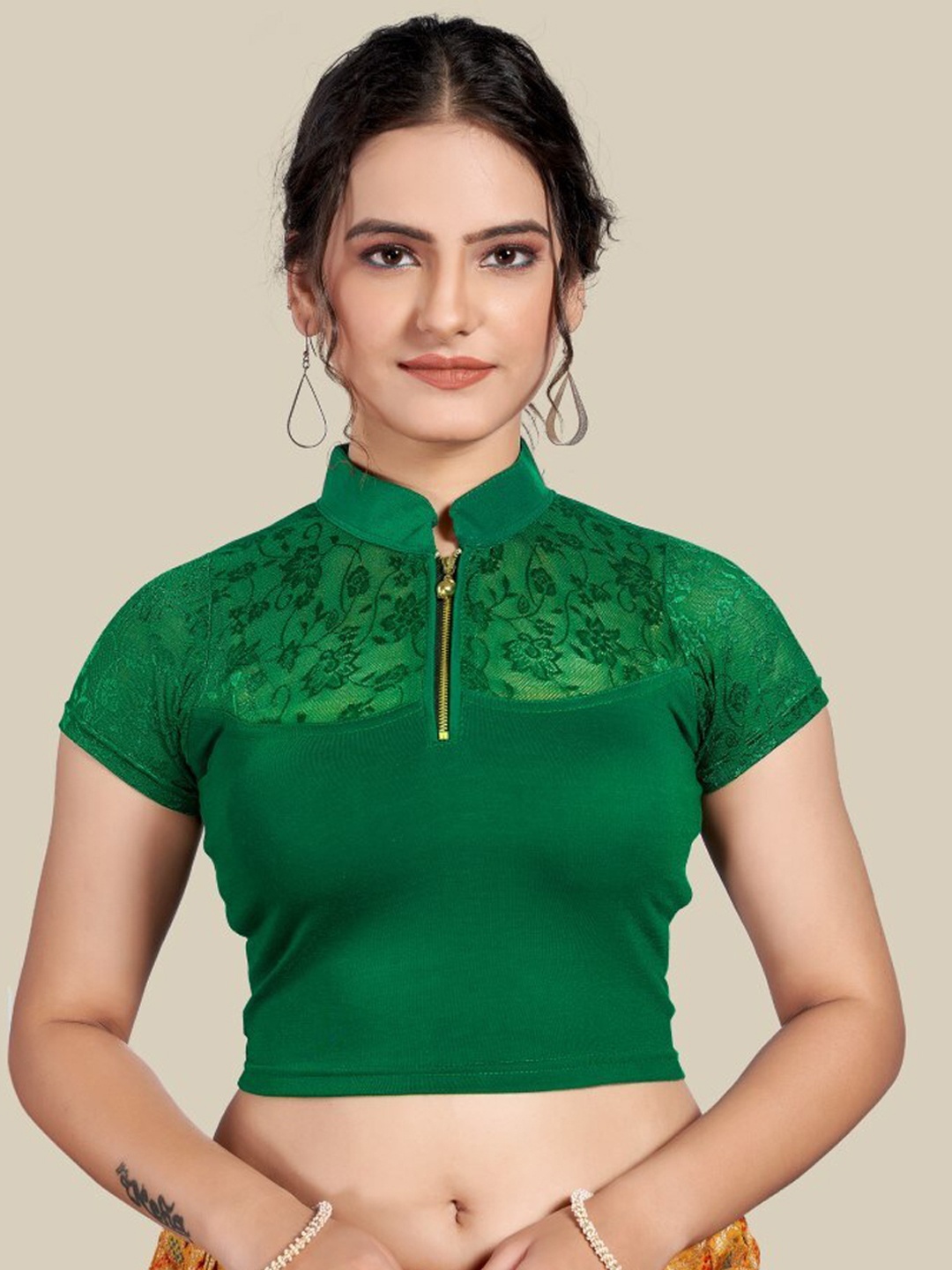 

HIMRISE Self Design Mandarin Collar Silk Saree Blouse, Green