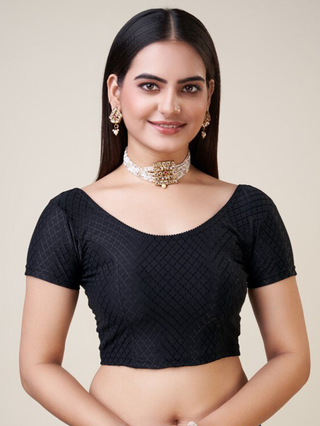 

HIMRISE Woven Design Silk Short Sleeves Ready To Wear Saree Blouse, Black