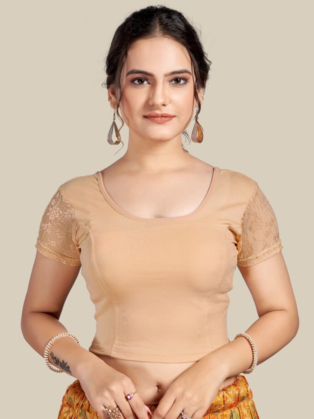 

HIMRISE Round Neck Knitted Lace Insert Saree Blouse, Beige