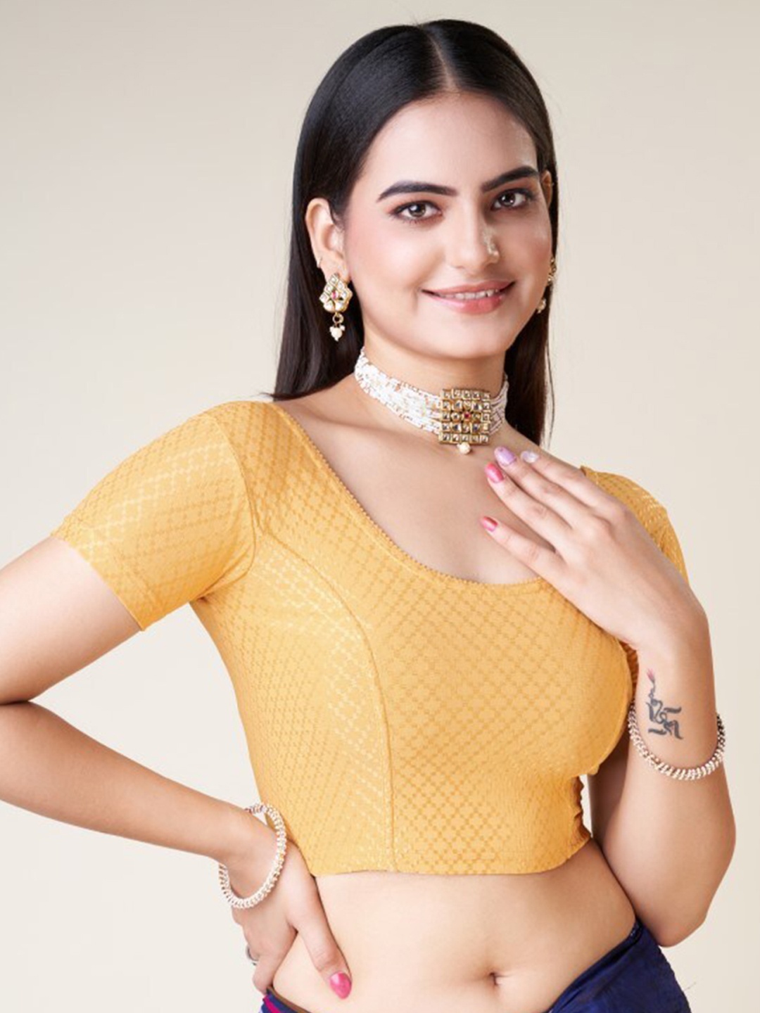 

HIMRISE Woven Design Silk Ready To Wear Saree Blouse, Gold