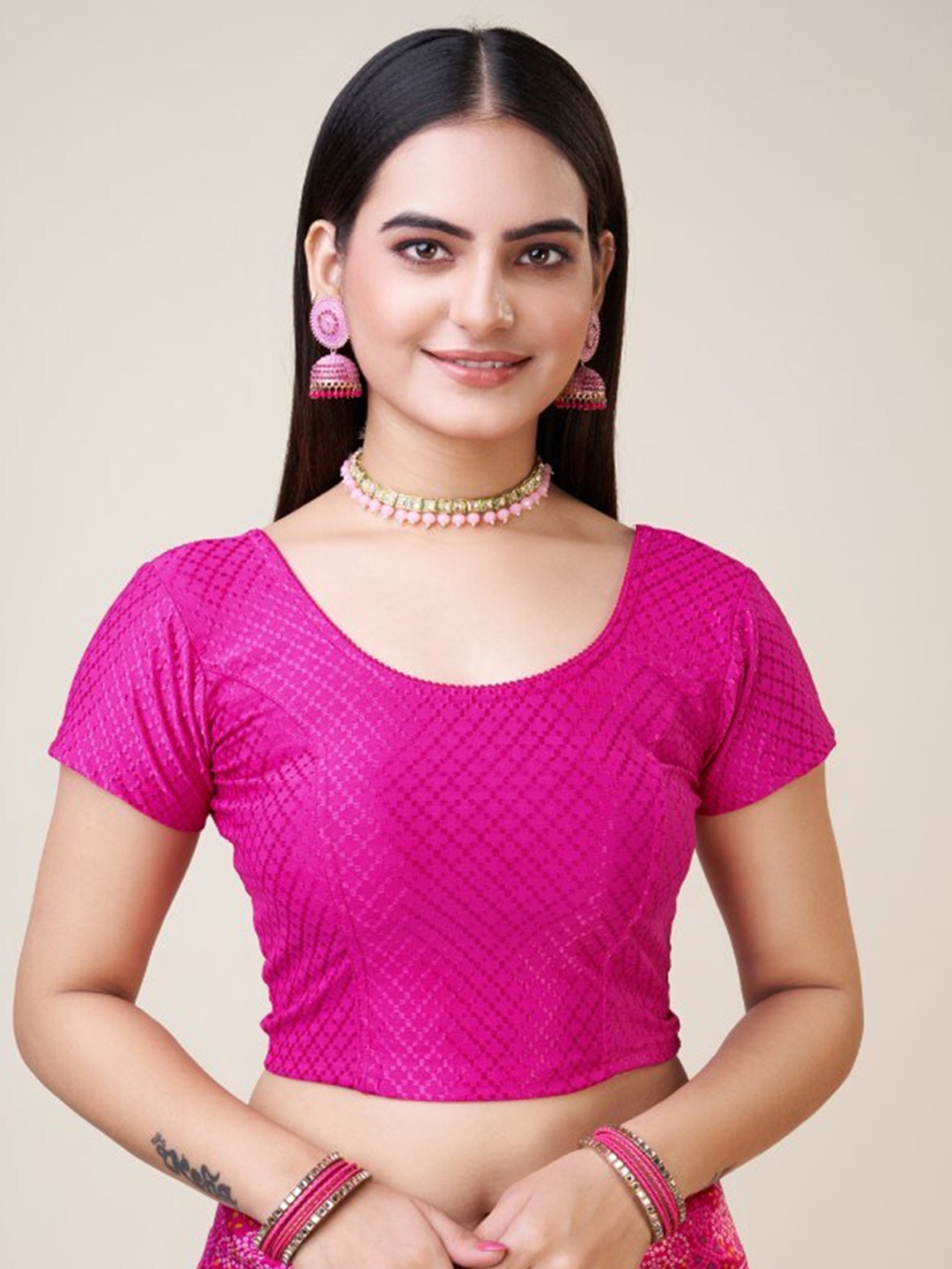 

HIMRISE Woven Design Short Sleeves Silk Saree Blouse, Pink