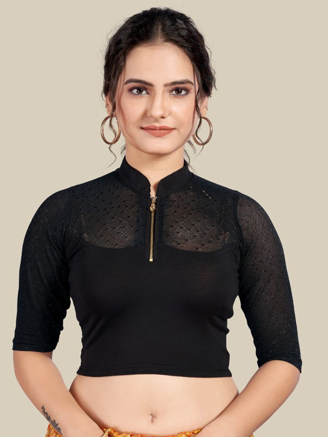 

HIMRISE Woven Design Mandarin Collar Saree Blouse, Black