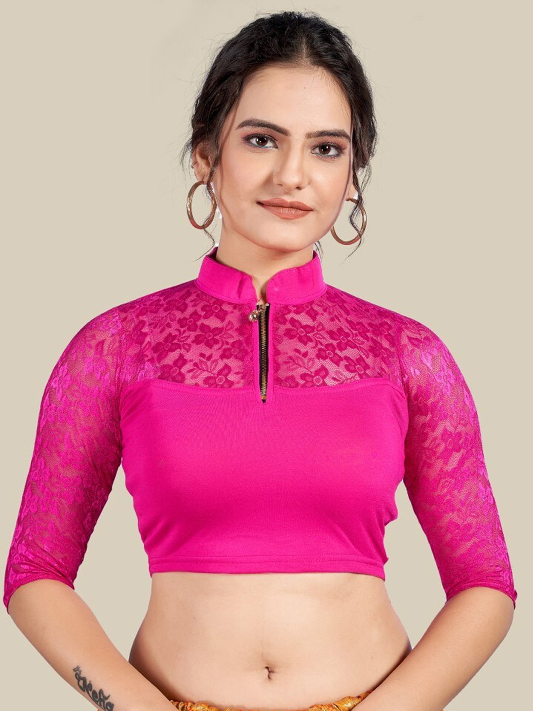 

HIMRISE Mandarin Collar Knitted Lace Insert Saree Blouse, Pink
