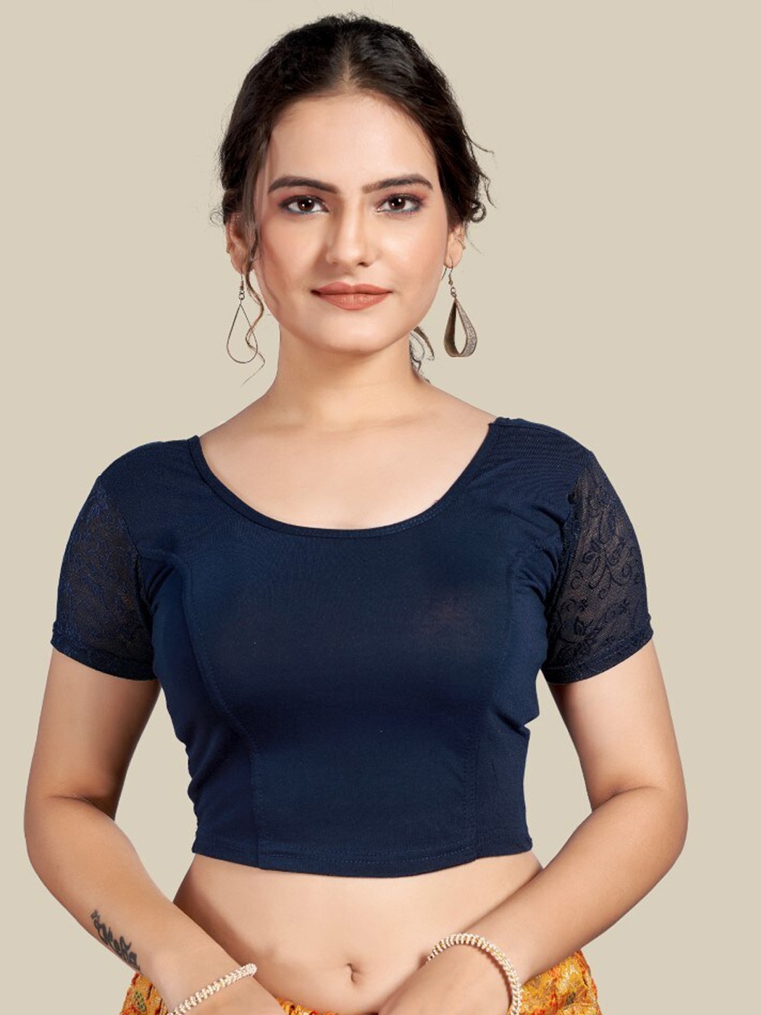 

HIMRISE Round Neck Silk Saree Blouse, Navy blue