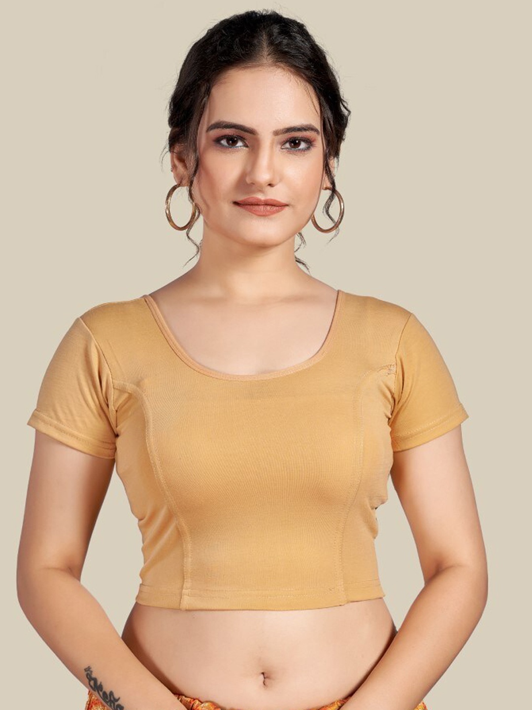 

HIMRISE Round Neck Knitted Silk Saree Blouse, Beige