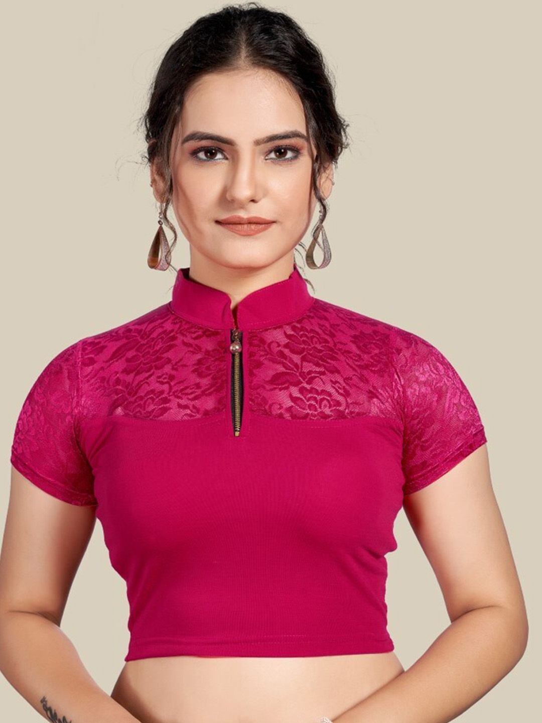 

HIMRISE Lace Collar Neck Silk Saree Blouse, Pink