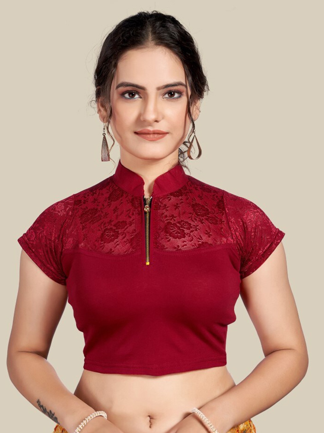

HIMRISE Self Design Mandarin Collar Silk Saree Blouse, Maroon