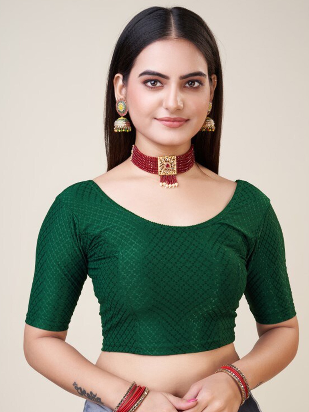 

HIMRISE Woven Design Short Sleeves Saree Blouse, Green