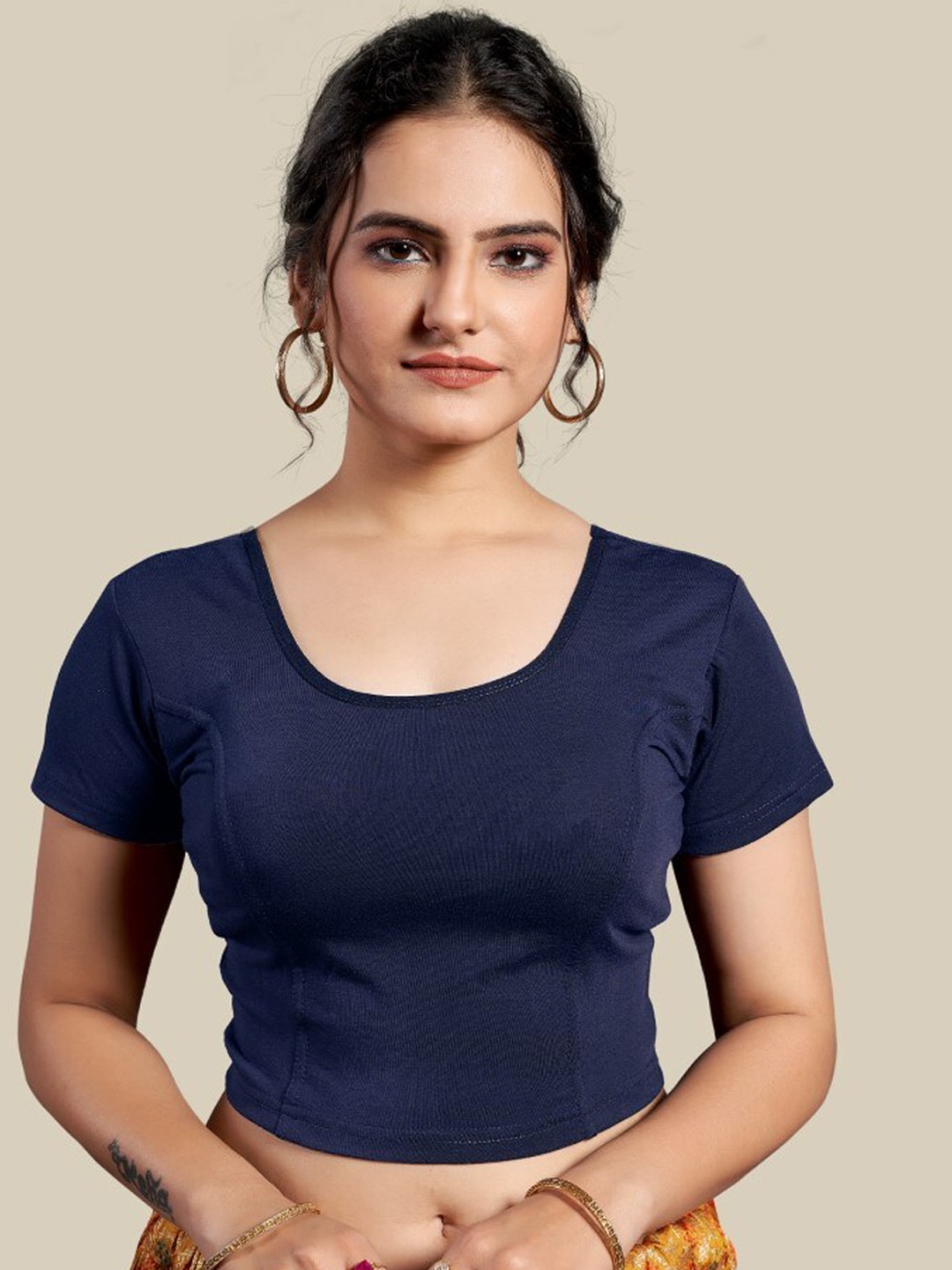 

HIMRISE Round Neck Silk Saree Blouse, Navy blue