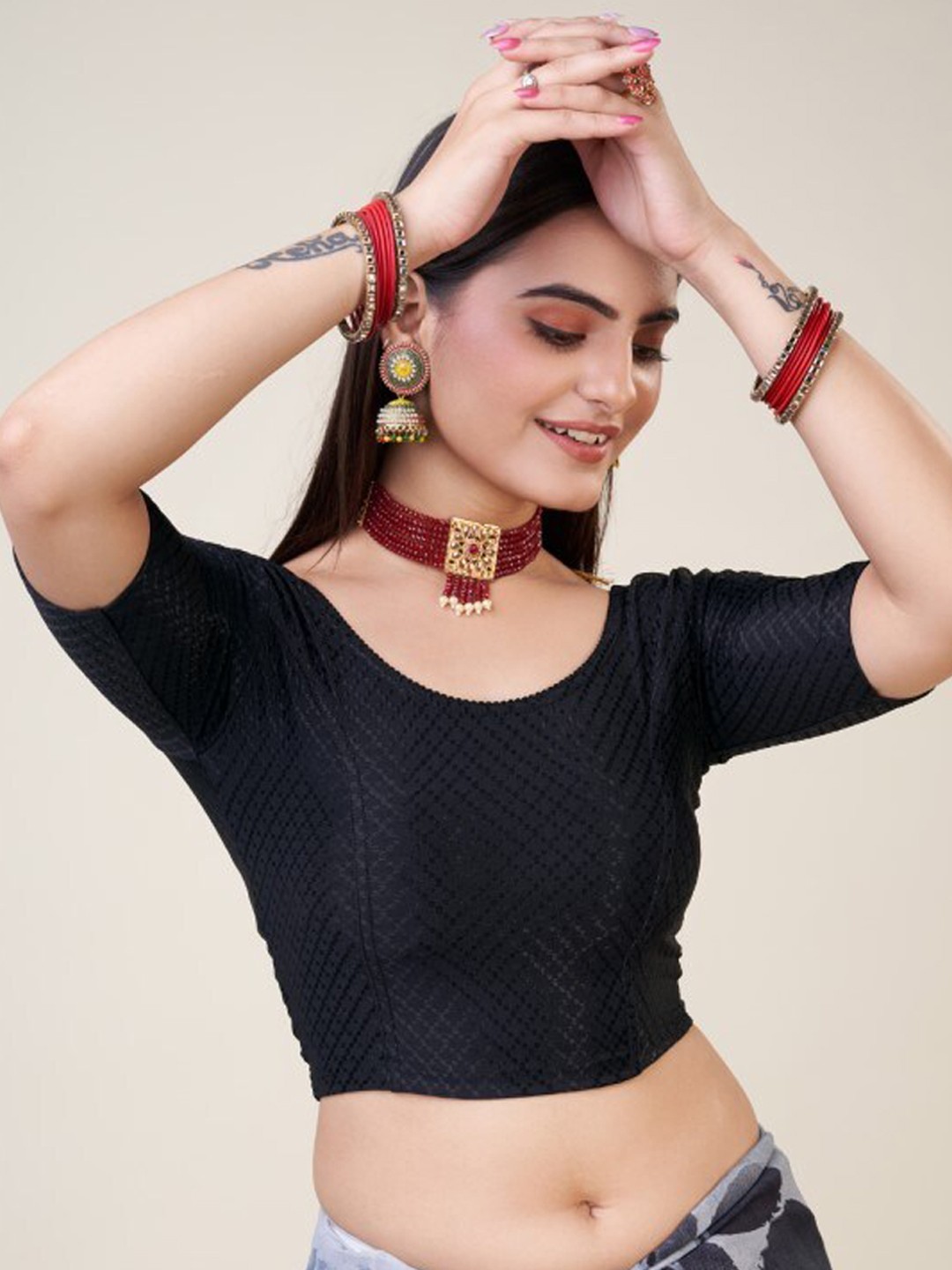 

HIMRISE Woven Design Silk Saree Blouse, Black