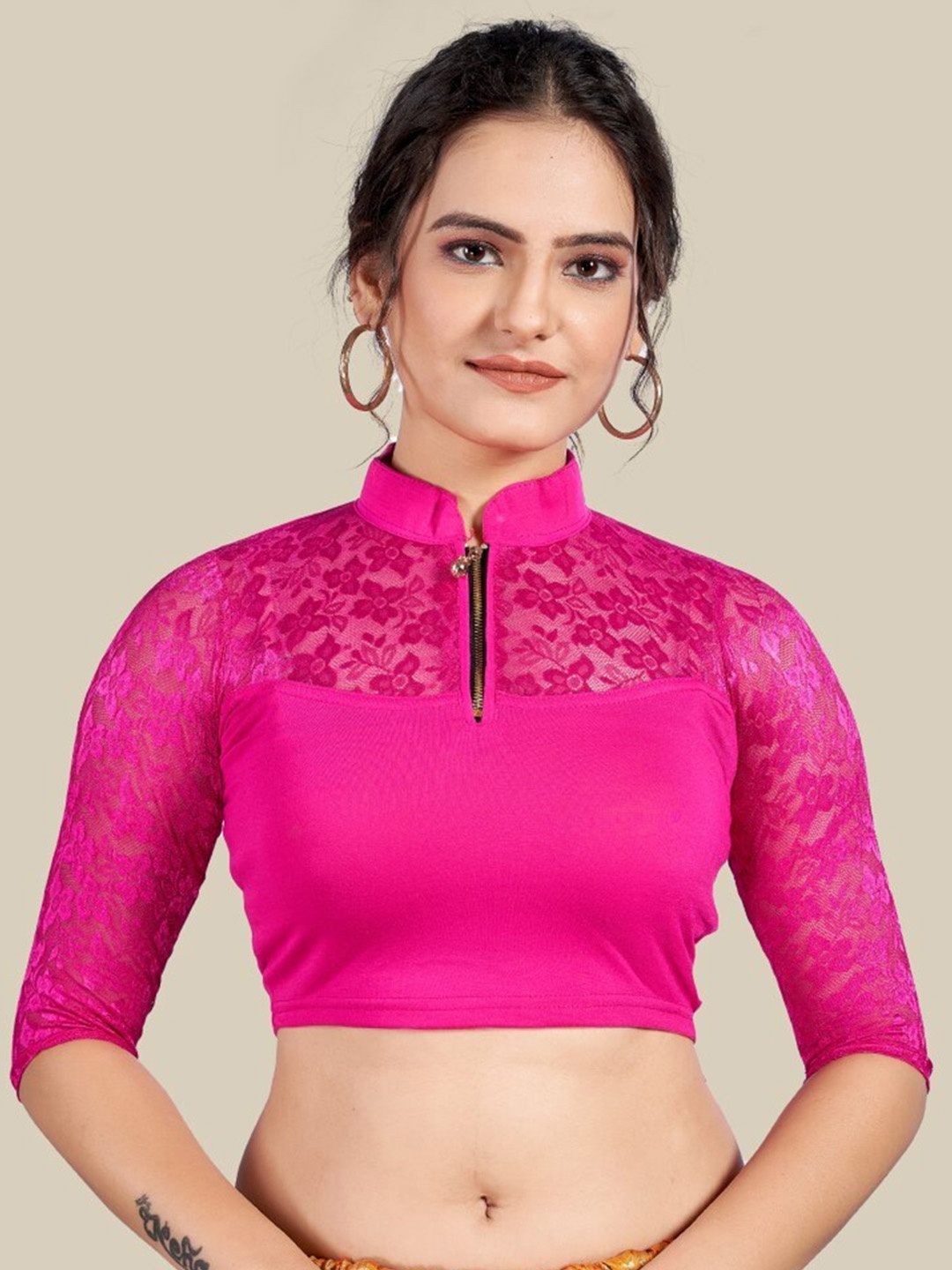 

HIMRISE Self Design Mandarin Collar Silk Saree Blouse, Pink