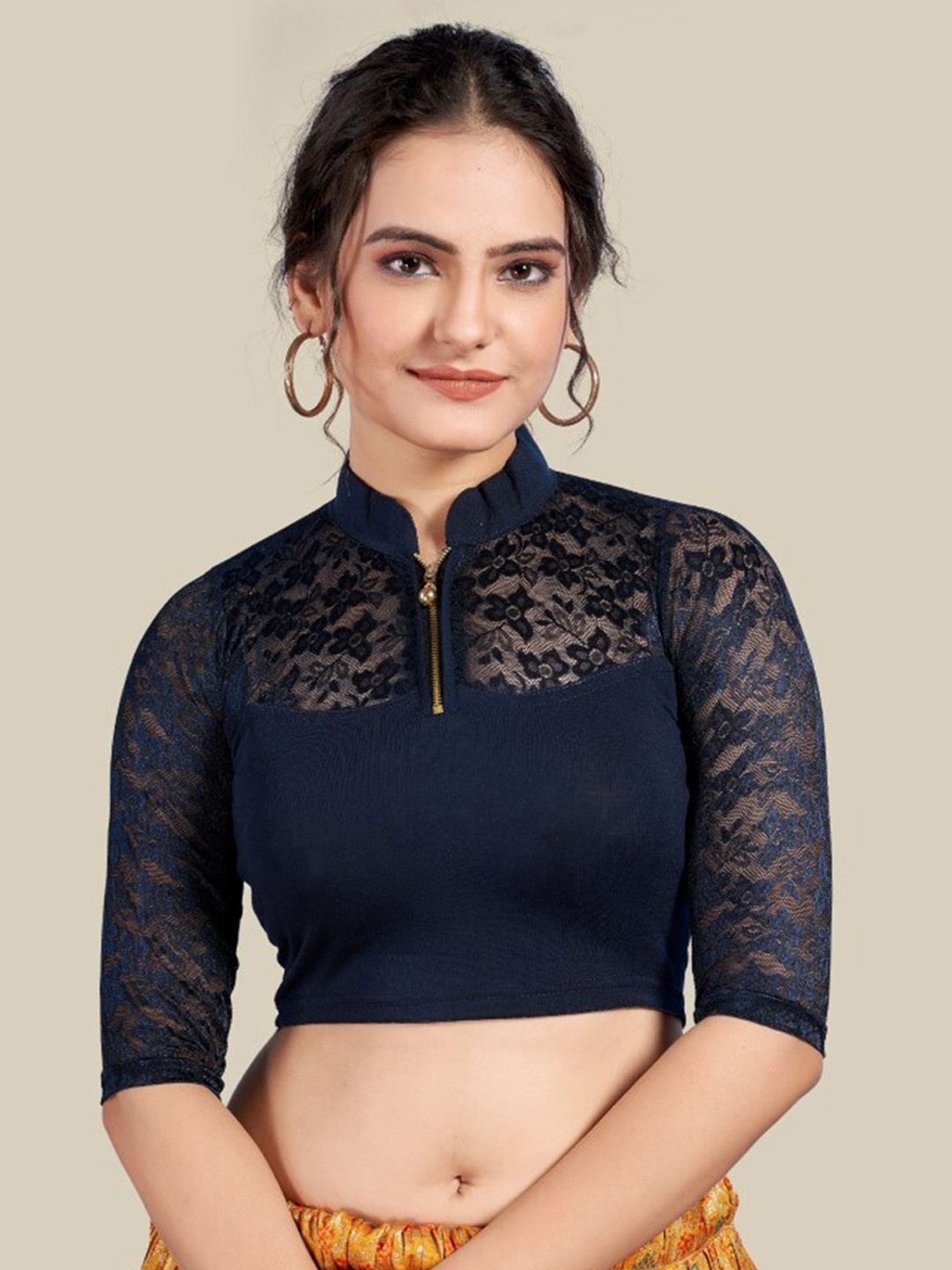 

HIMRISE Self Design Mandarin Collar Saree Blouse, Navy blue