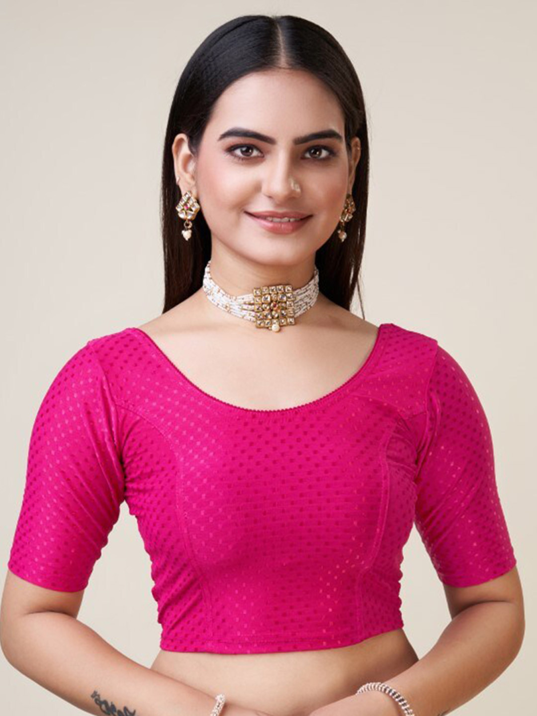 

HIMRISE Geometric Woven Design Silk Saree Blouse, Pink