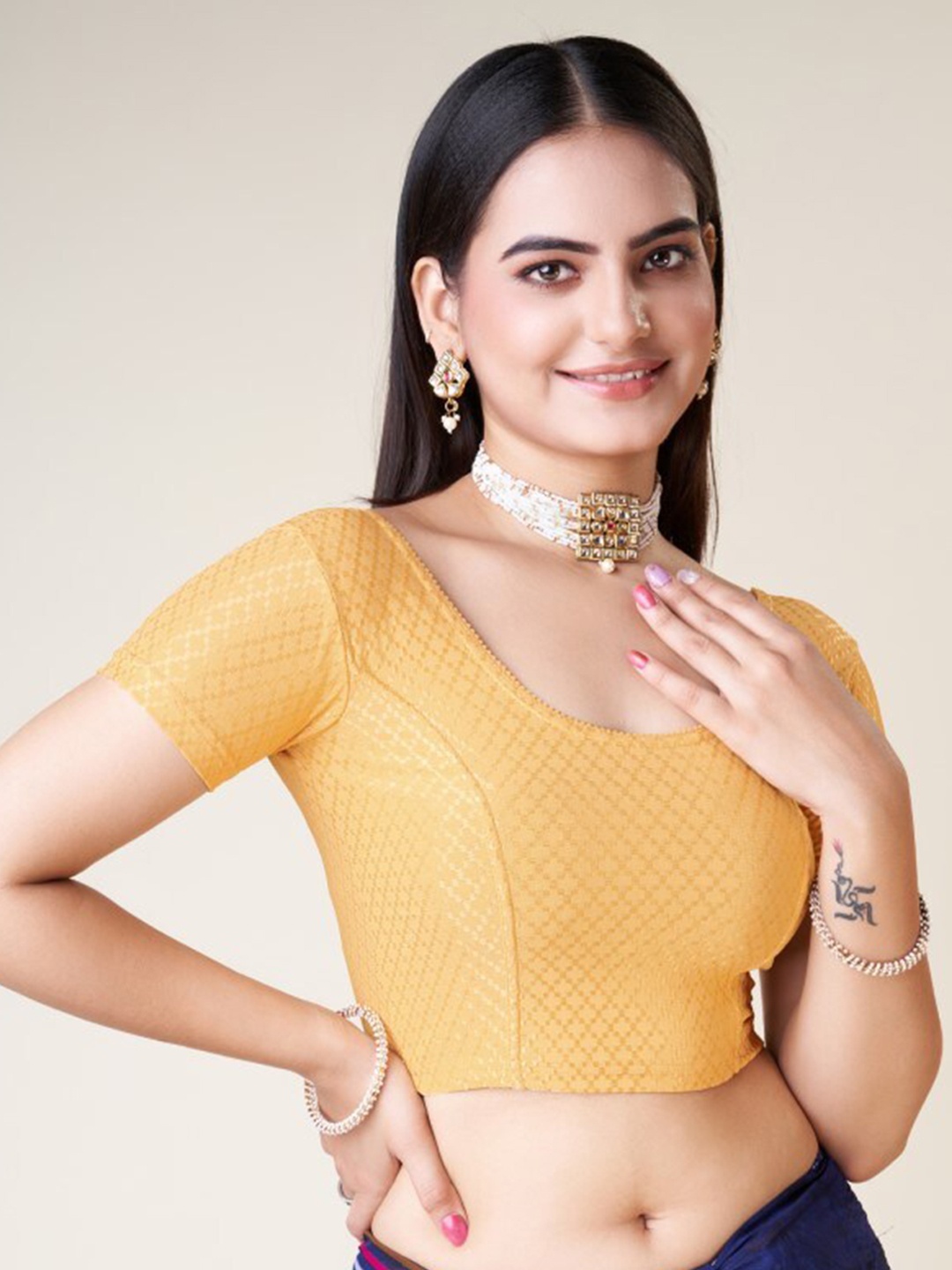 

HIMRISE Woven Design Round Neck Silk Saree Blouse, Gold