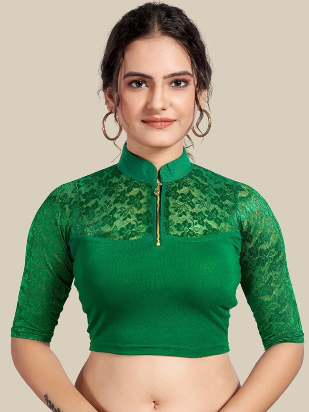 

HIMRISE Self Design Mandarin Collar Short Sleeves Saree Blouse, Green