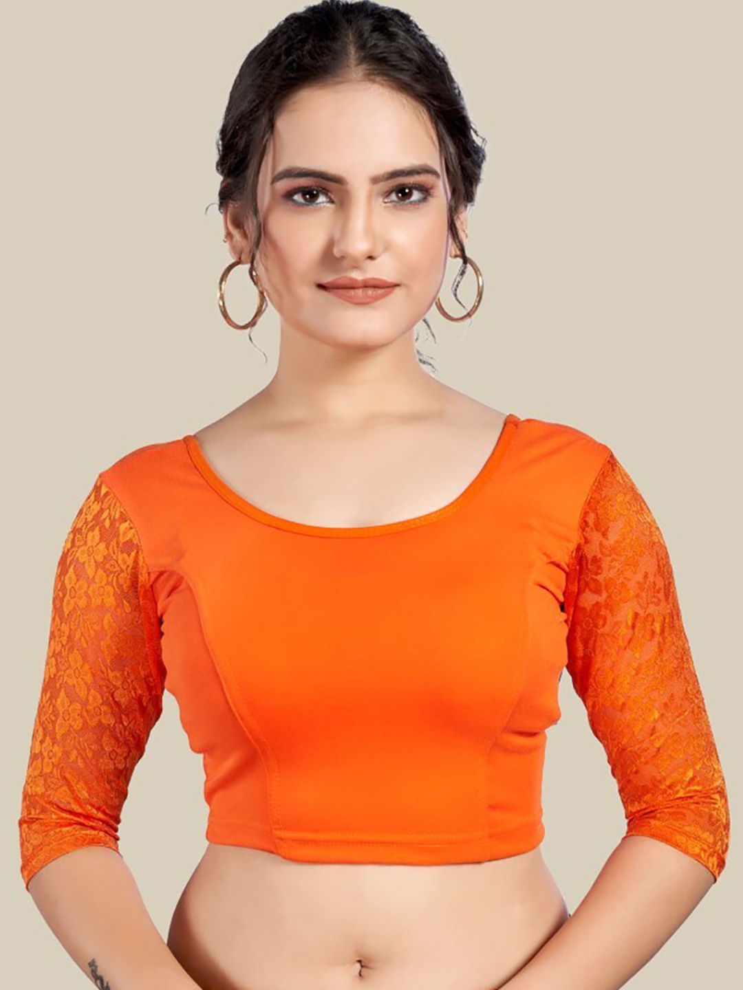 

HIMRISE Self Design Round Neck Silk Saree Blouse, Orange
