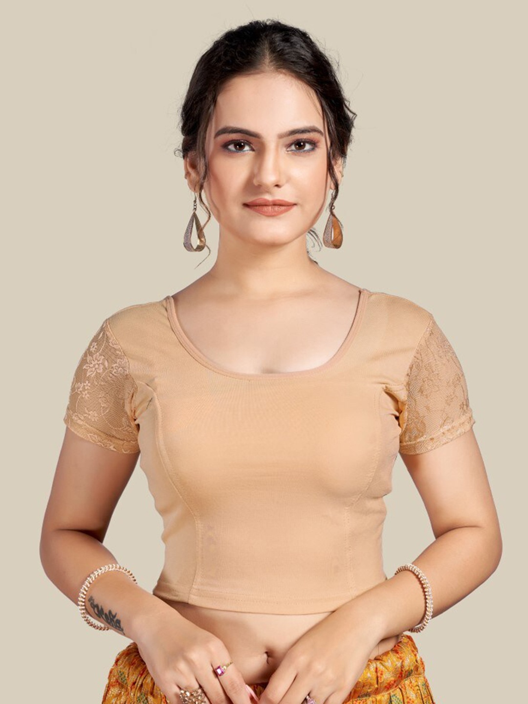 

HIMRISE Round Neck Knitted Lace Insert Silk Saree Blouse, Beige