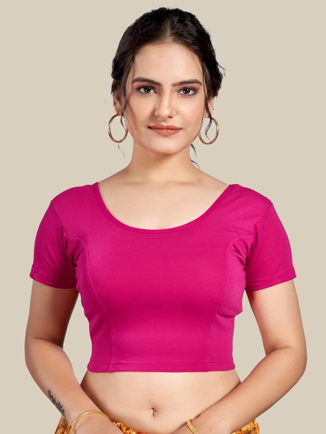 

HIMRISE Round Neck Short Sleeves Silk Saree Blouse, Pink