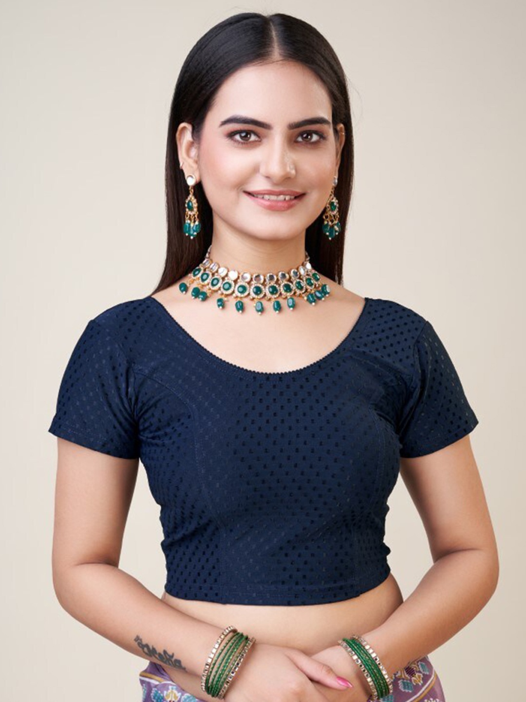

HIMRISE Woven Design Silk Saree Blouse, Navy blue