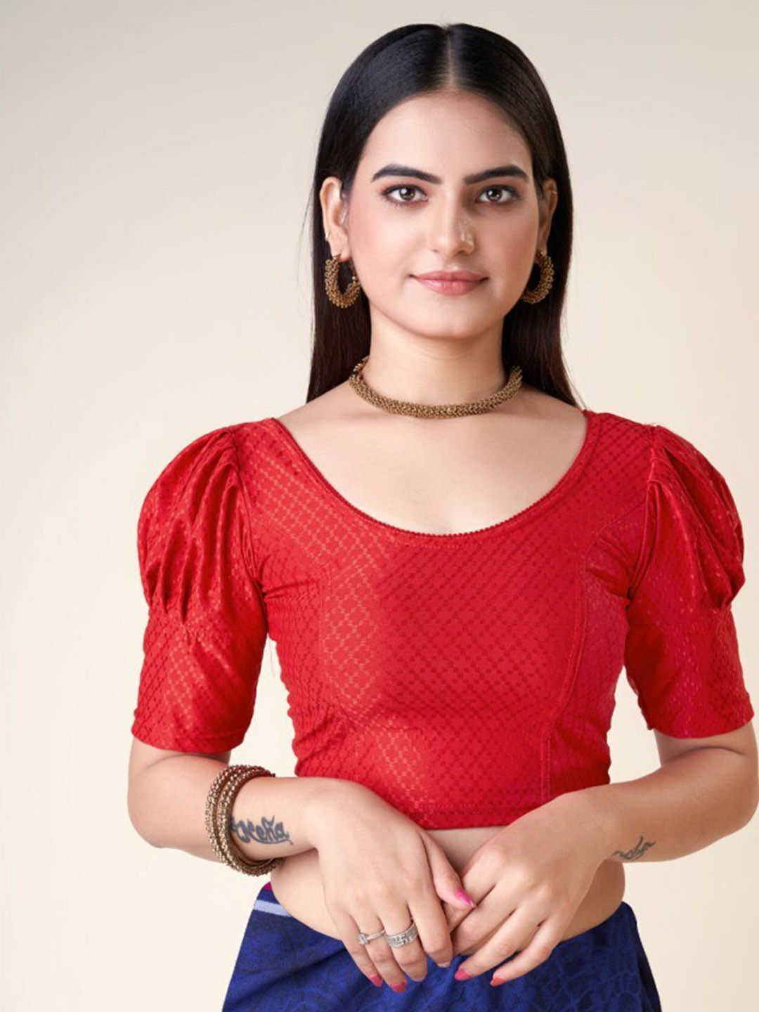 

HIMRISE Self Design Puff Sleeves Ready To Wear Silk Saree Blouse, Red