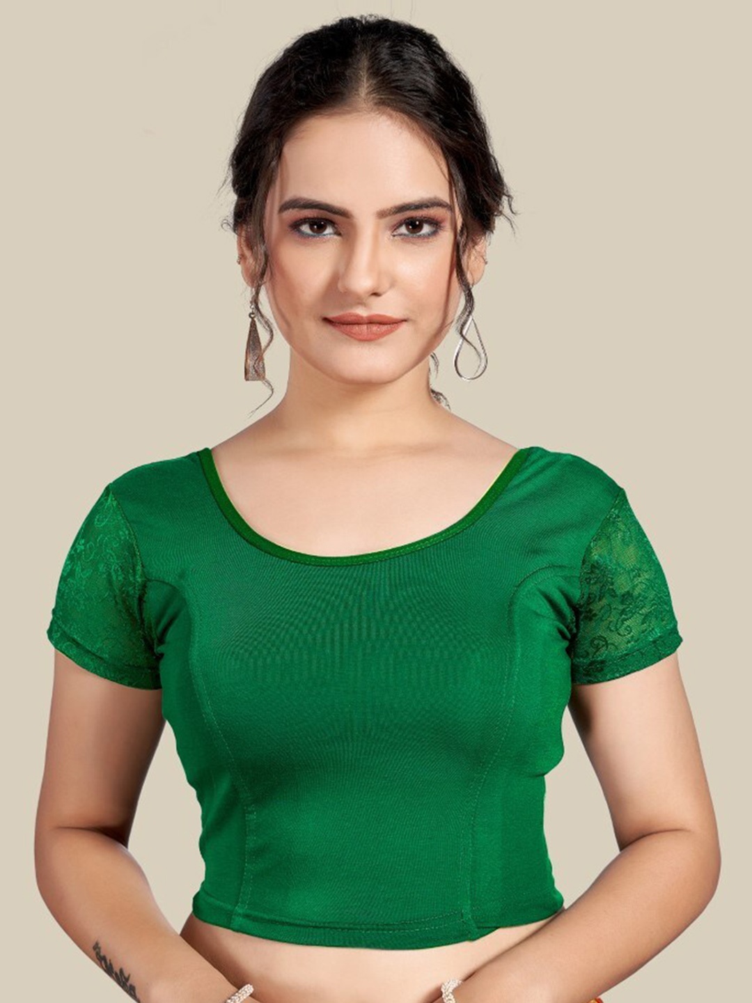 

HIMRISE Round Neck Short Sleeve Saree Blouse, Green