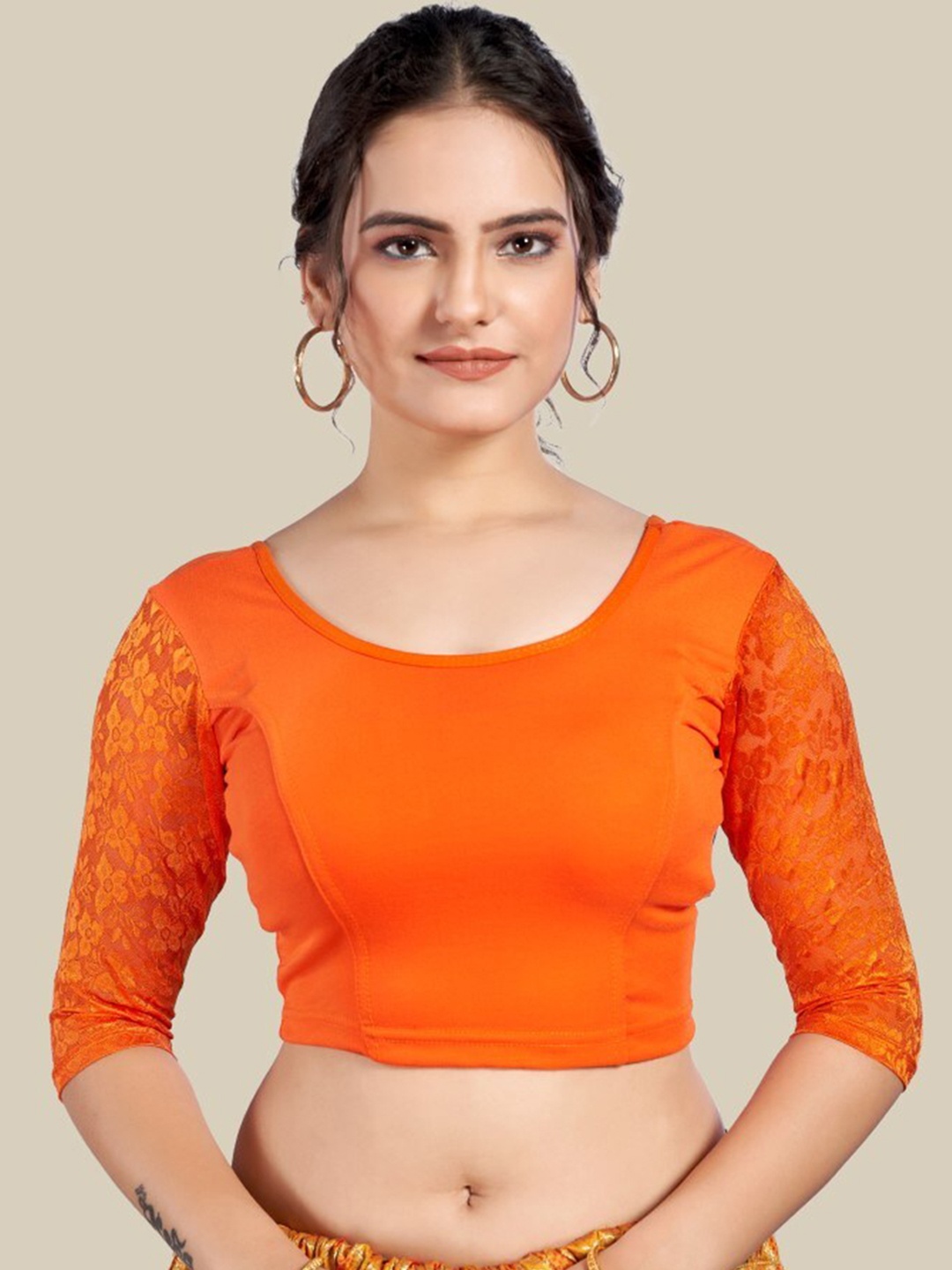 

HIMRISE Round Neck Knitted Lace Insert Saree Blouse, Orange
