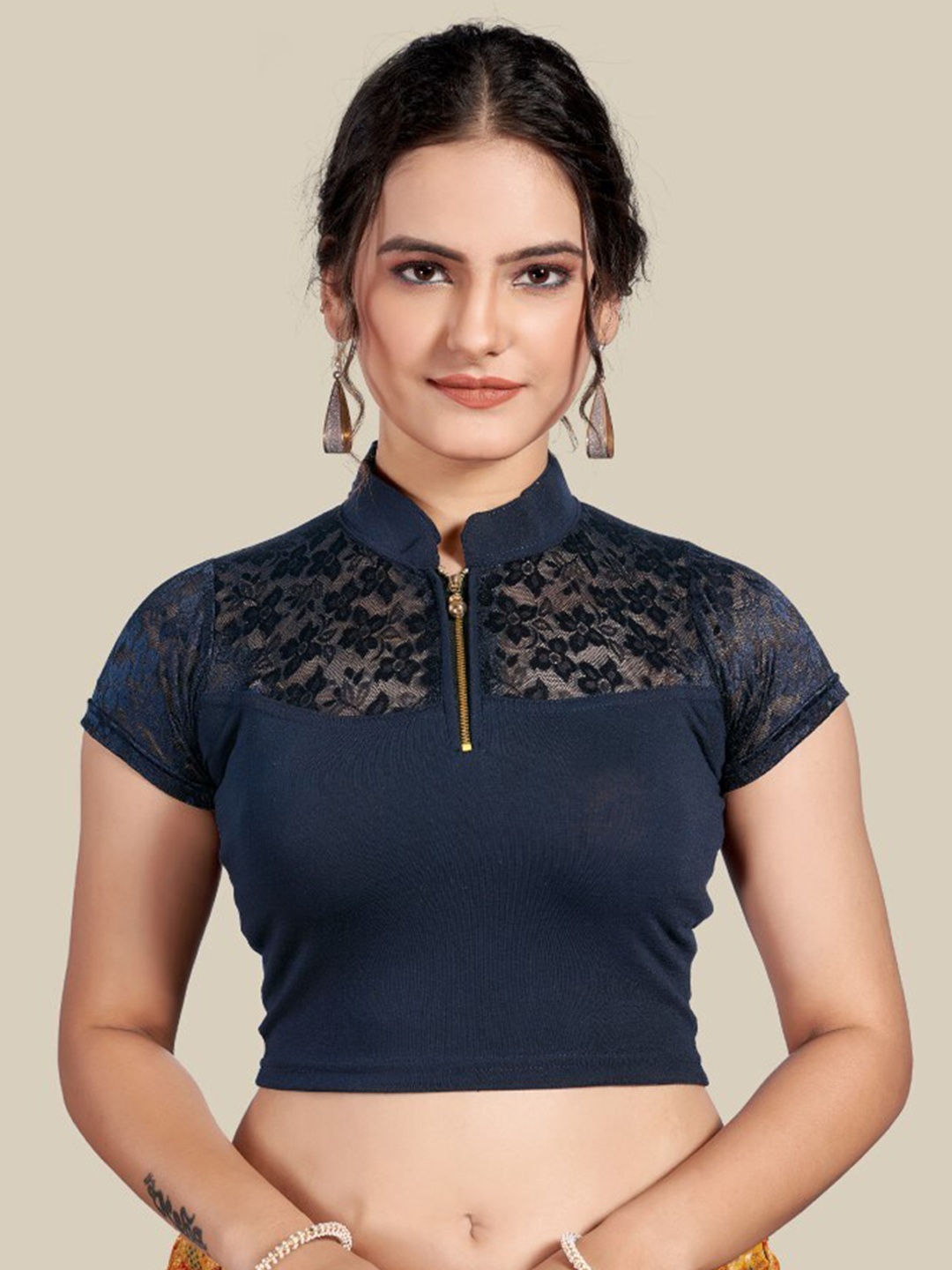 

HIMRISE Self Design Mandarin Collar Silk Saree Blouse, Navy blue