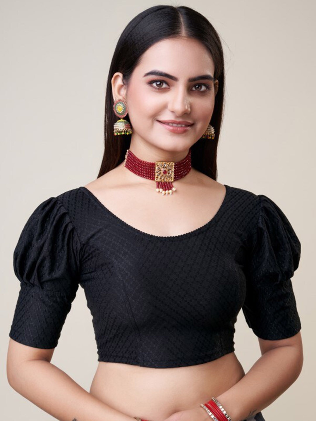 

HIMRISE Woven Design Silk Saree Blouse, Black