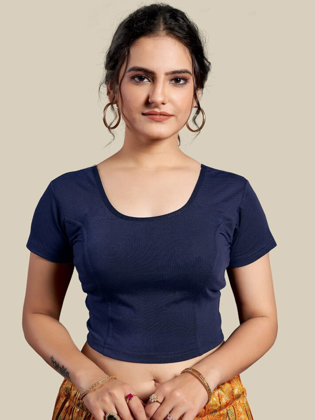 

HIMRISE Round Neck Silk Saree Blouse, Navy blue