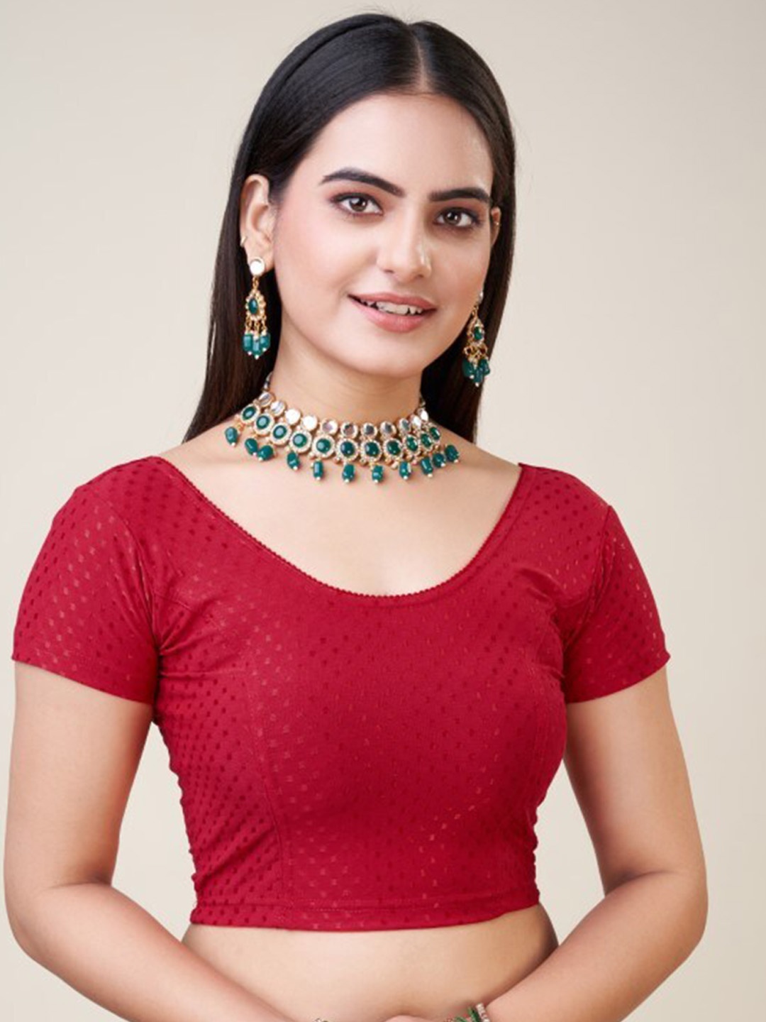 

HIMRISE Woven Design Round Neck Silk Saree Blouse, Red