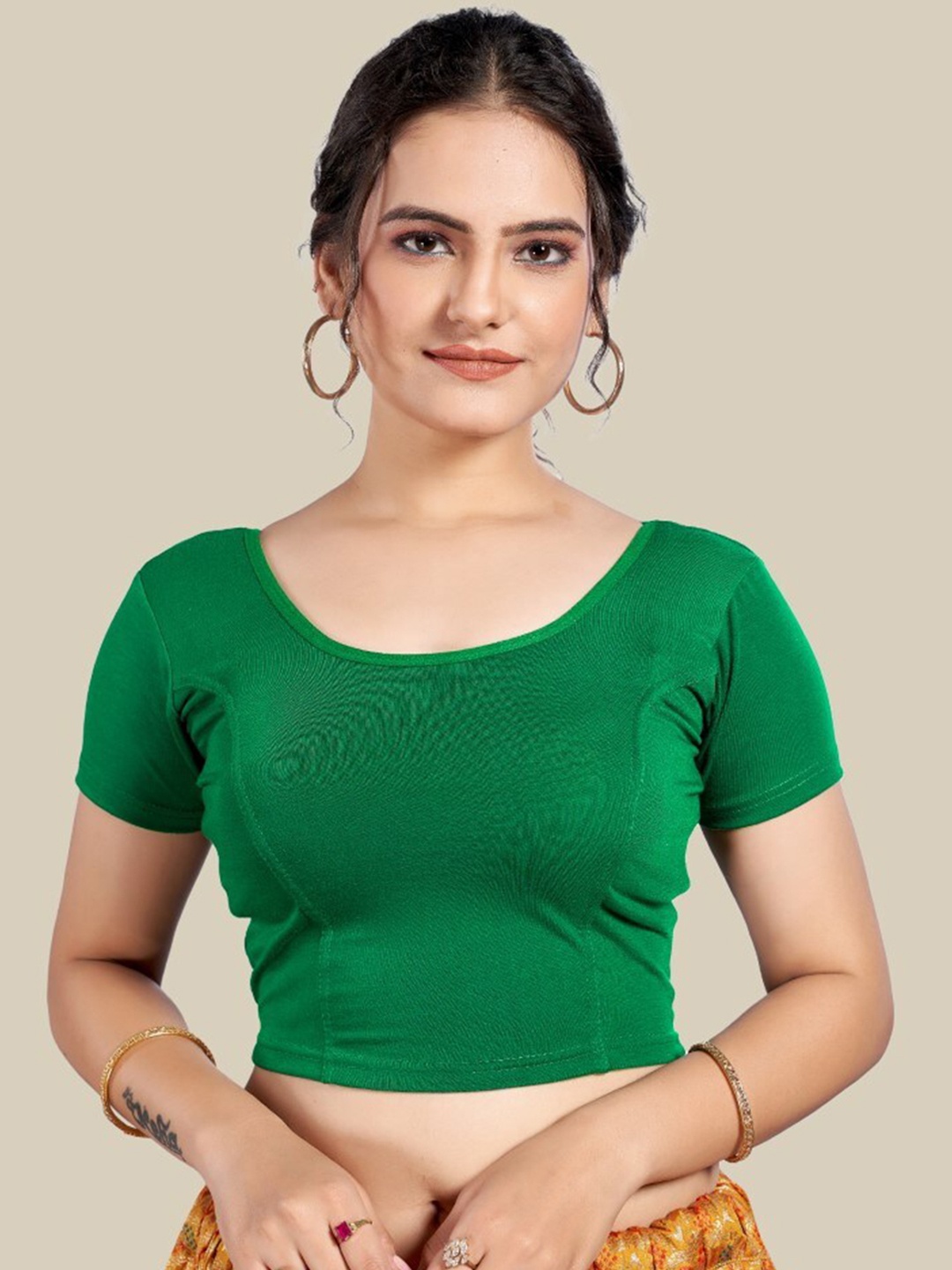 

HIMRISE Round Neck Silk Saree Blouse, Green