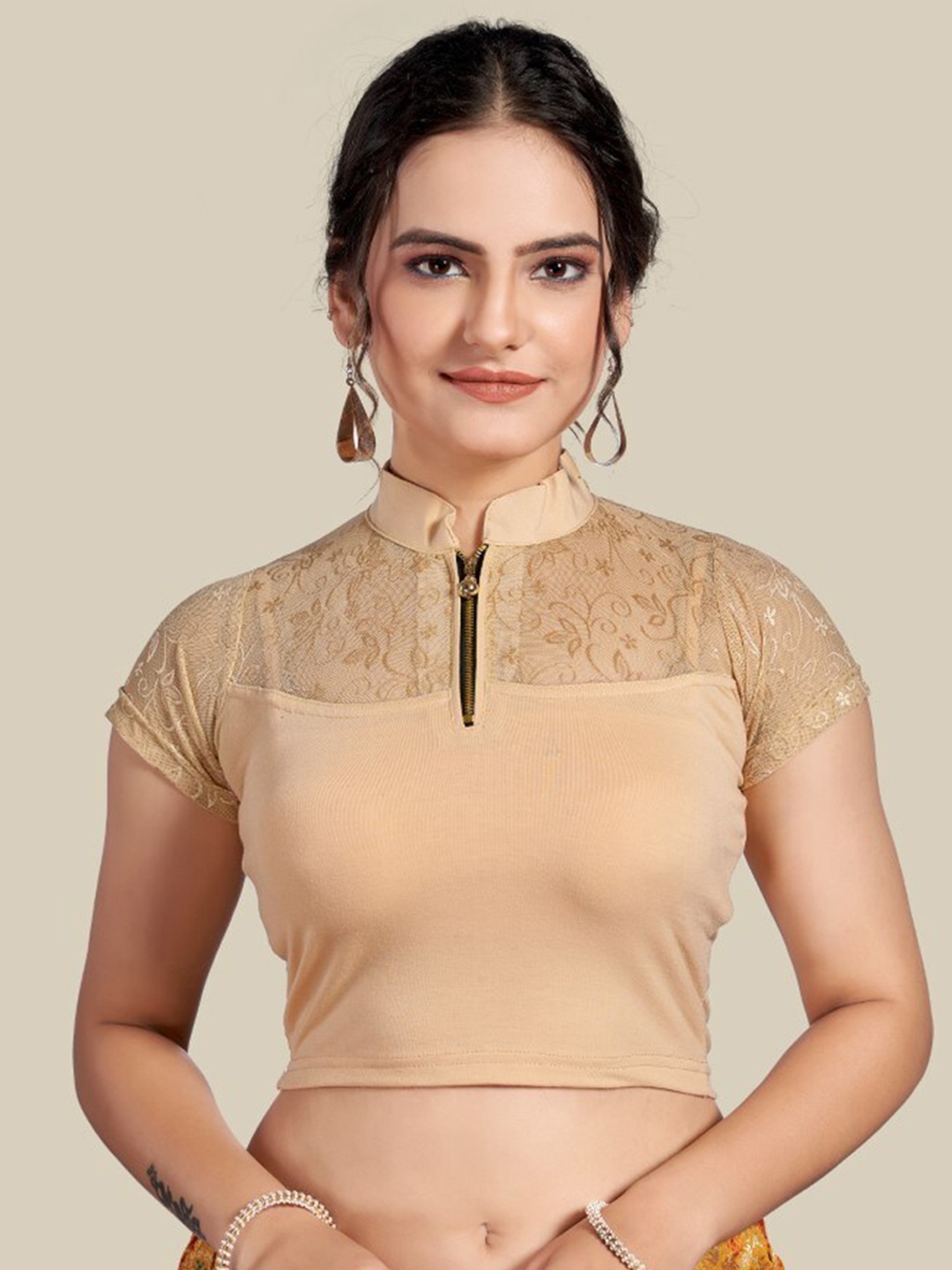 

HIMRISE Mandarin Collar Lace Short Sleeve Saree Blouse, Beige