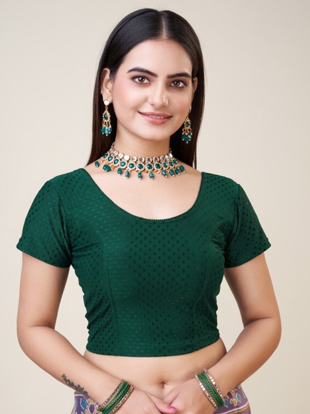 

HIMRISE Geometric Woven Design Silk Saree Blouse, Green