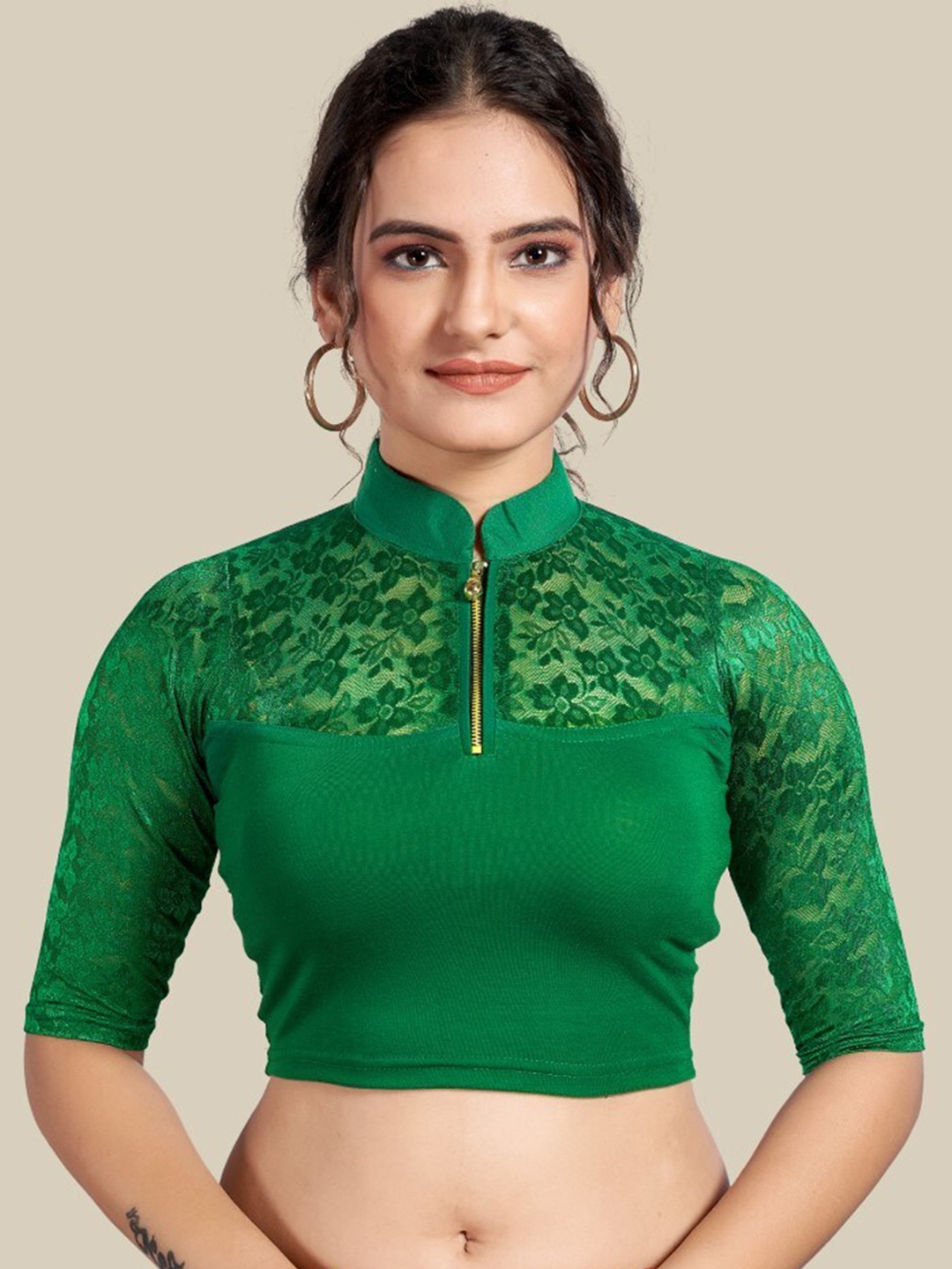 

HIMRISE Woven Design Mandarin Collar Silk Saree Blouse, Green