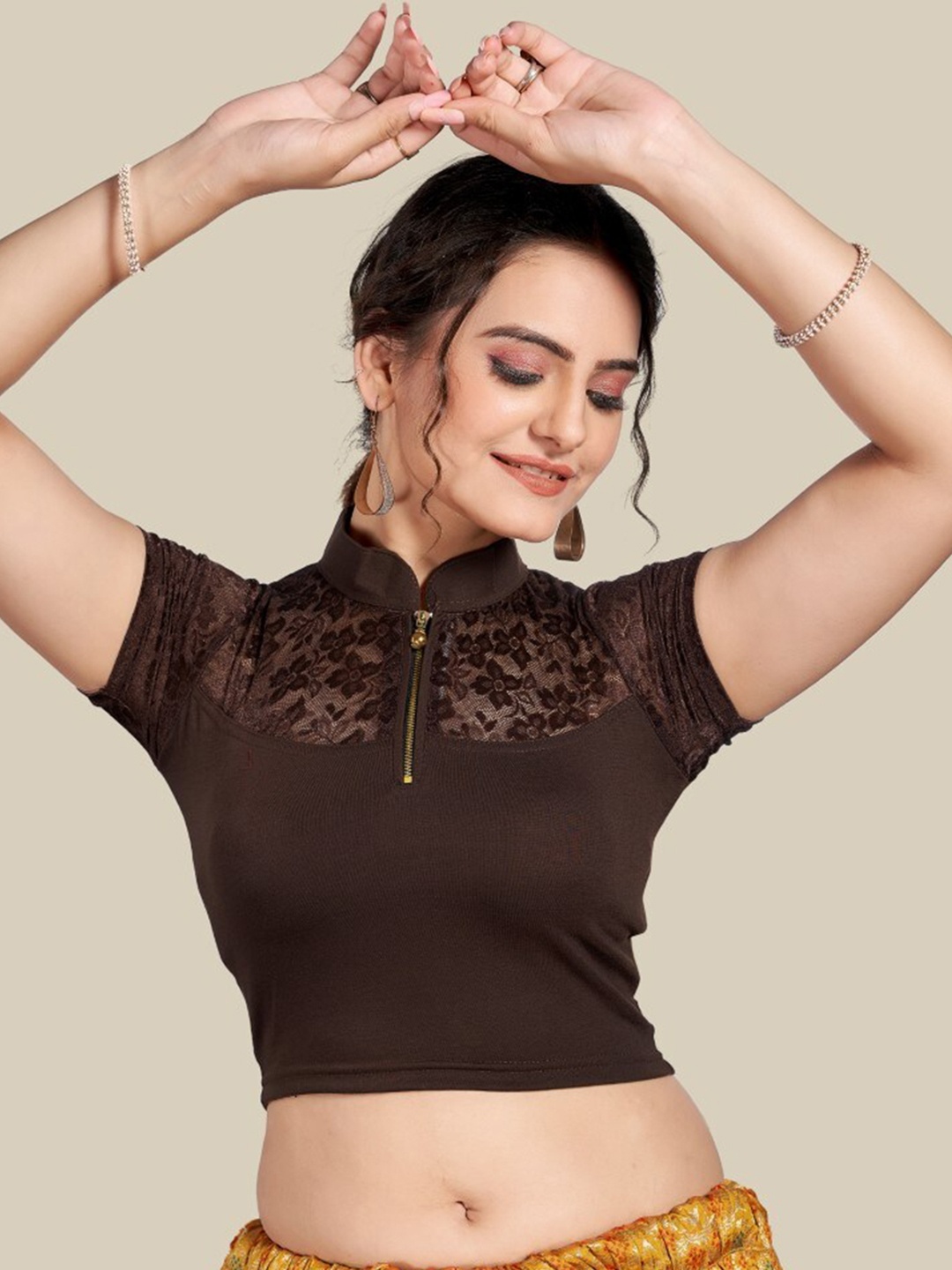 

HIMRISE Self Design Mandarin Collar Silk Saree Blouse, Brown