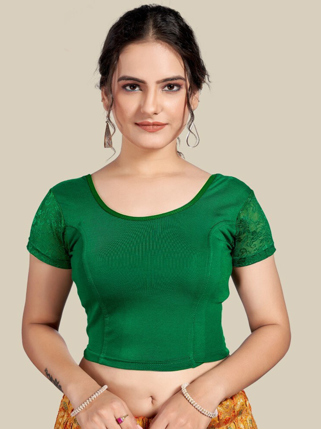 

HIMRISE Round Neck Short Sleeve Saree Blouse, Green