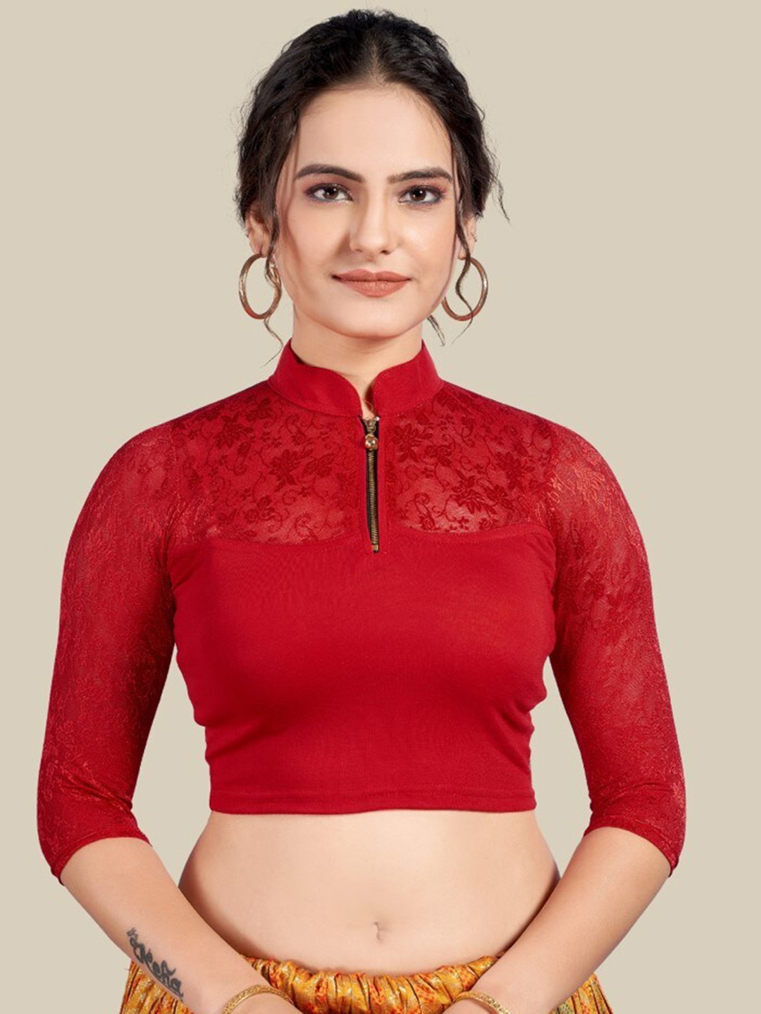 

HIMRISE Mandarin Collar Knitted Lace Insert Saree Blouse, Red