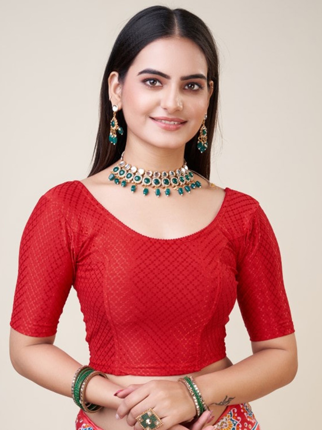 

HIMRISE Geometric Woven Design Silk Saree Blouse, Red